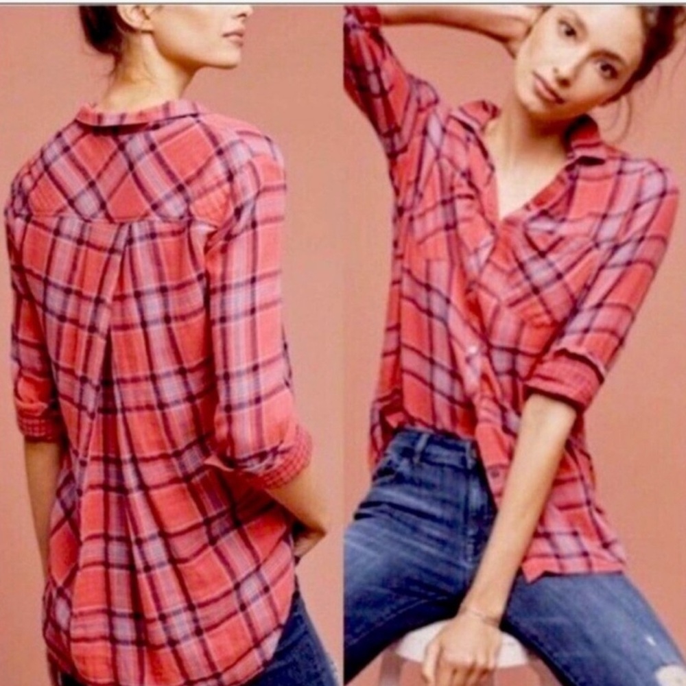 Cloth & Stone Brecken Shirt Pink Plaid Flannel Button Down Slub Cotton Size XS